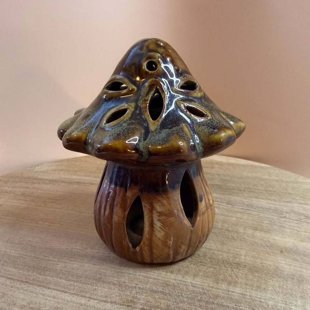 Vintage Ceramic Mushroom Tea Light Candle Holder with Brown Drip Glaze
